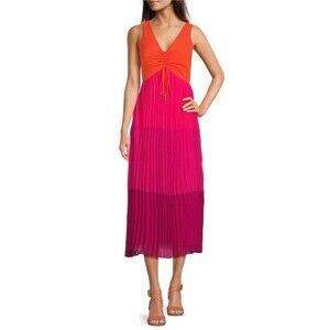 NWT Taylor Sleeveless Sunset Orange/Pink Color Block Pleated Midi Dress- Size 8